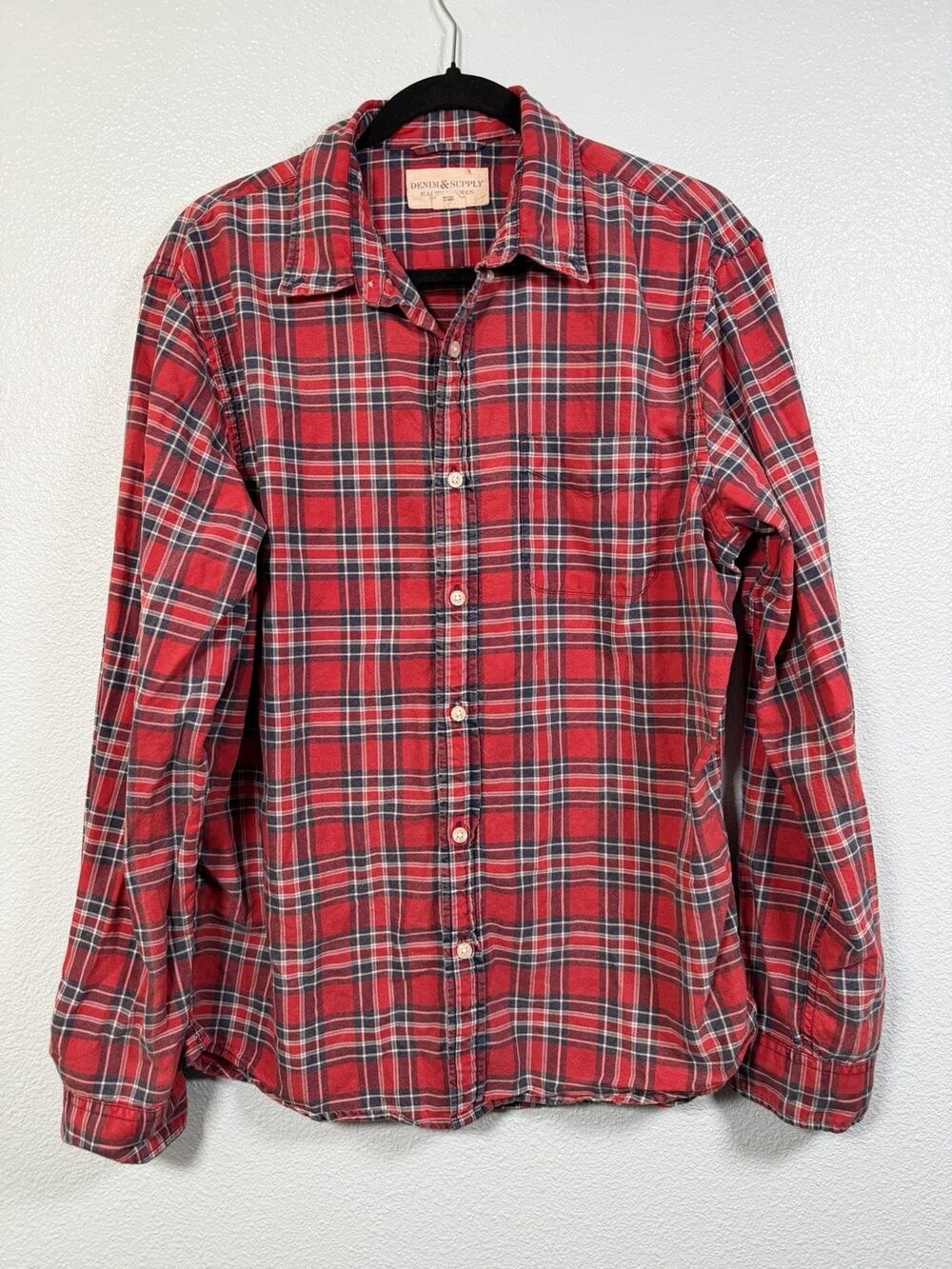 Denim & Supply Ralph Lauren Men's L Red Plaid Flannel Shirt Cotton
